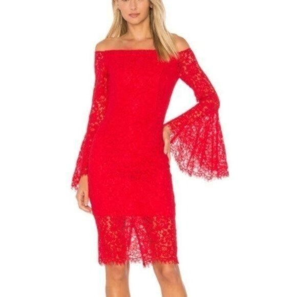 Bardot Red Lace Flare Bell Sleeve Off-The-Shoulder Solange Dress 6 - Picture 1 of 12